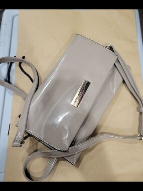 Patent Taupe Crossbody Bag with Metal Logo Plaque